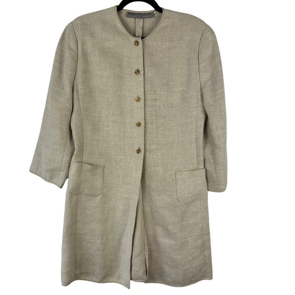 Morgane Le Fay Sz L Women's Beige Linen Button Down Coat Pockets Shoulder Pads - Picture 1 of 16